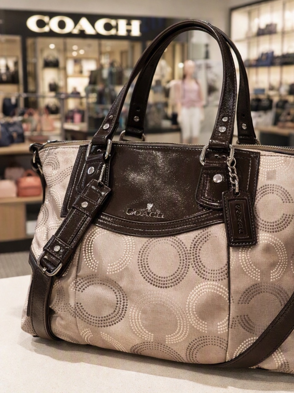 COACH Ashley Dooted Op Art Satchel Canvas and Dark Brown Leather  Bag NWOT